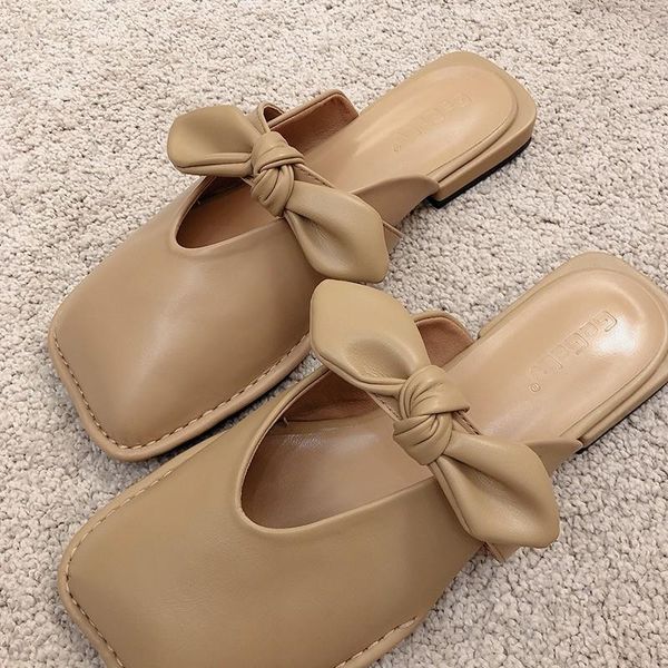 

slippers mango head half slipper women wear gentle wind bow flat bottom personalized beach, Black