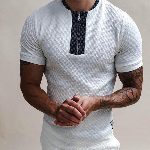 

men's polos casual short sleeve knitted tee shirts for men 2021 summer fashion patchwork t-shirt vintage stand collar zipper streetwea, White;black