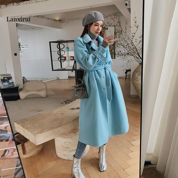 

women's wool & blends casual fashion women woolen coat winter elegant single breasted belt blue loose, Black