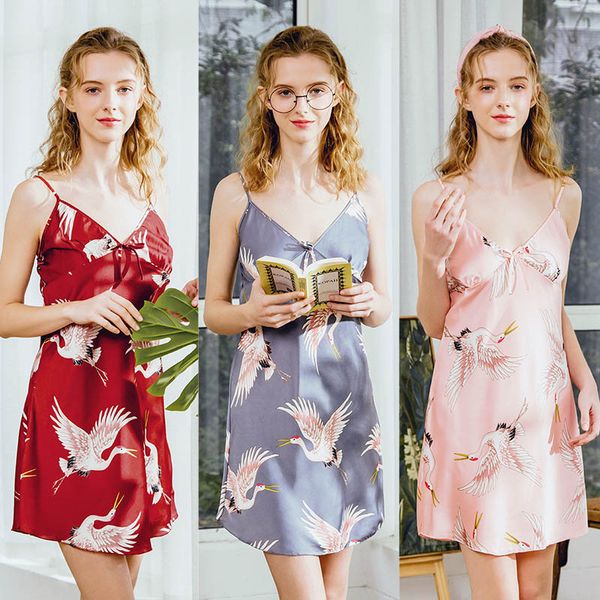 

women sleepwear soft v neck ladies comfortable cool pajamas nightgown female sleeveless cardigan nightdress bathrobe lx, Black;red