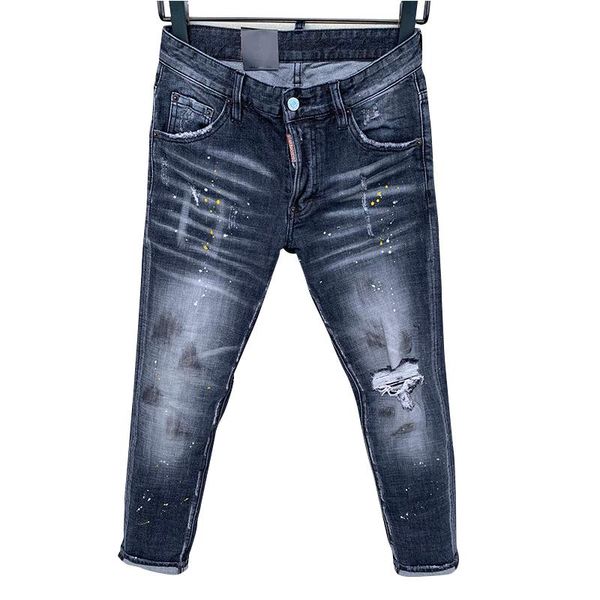

men's jeans italian fashion starbags four seasons denim perforated paint slim blue elastic straight leg pants high quality