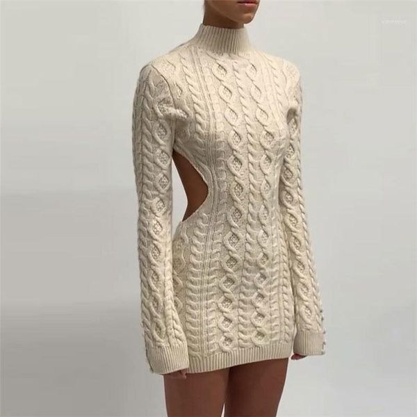 

casual dresses female solid turtleneck knitted dress women's backless sweater fashion pullover slim knitting threaded 2021, Black;gray