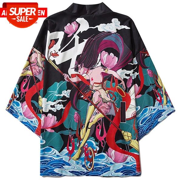 

aelfric eden 2020 harajuku japanese kimono jacket summer sea wave warriors print loose japan streetwear front open coats kimono #qg07, Black;brown
