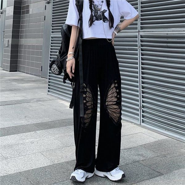 

summer korean black casual loose women capris hollow butterfly straight leg plus size sports female trousers, Black;white