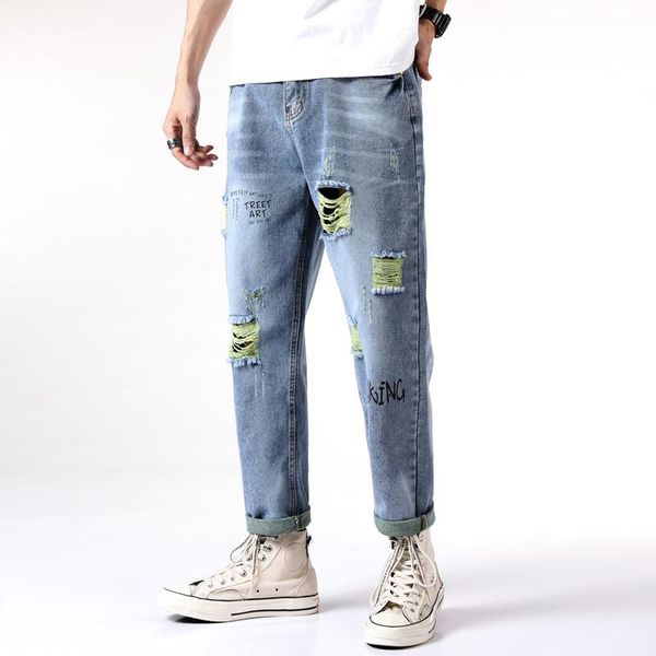

men jeans ripped holes print letter, Blue