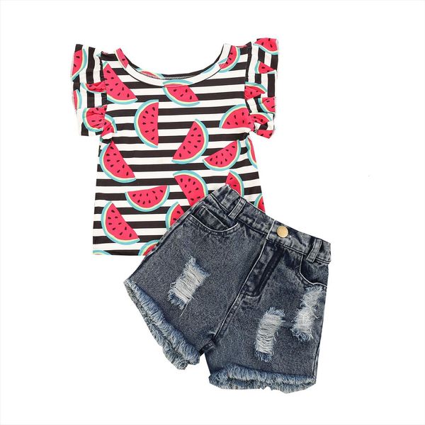 

0 4y summer girls clothes sets fashion outfits watermelon stripe printed ruffles sleeve t shirt ripped denim short, White