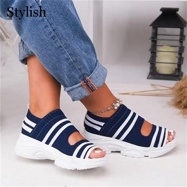 

platform sandals women summer striped open peep toe casual shoes femme slip on fashion wedges shoes plus size ladies sandals, Black