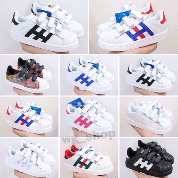 

kids super star white hologram iridescent junior superstars 80s pride child boys girls trainers superstar casual shoes size 24-35, Black