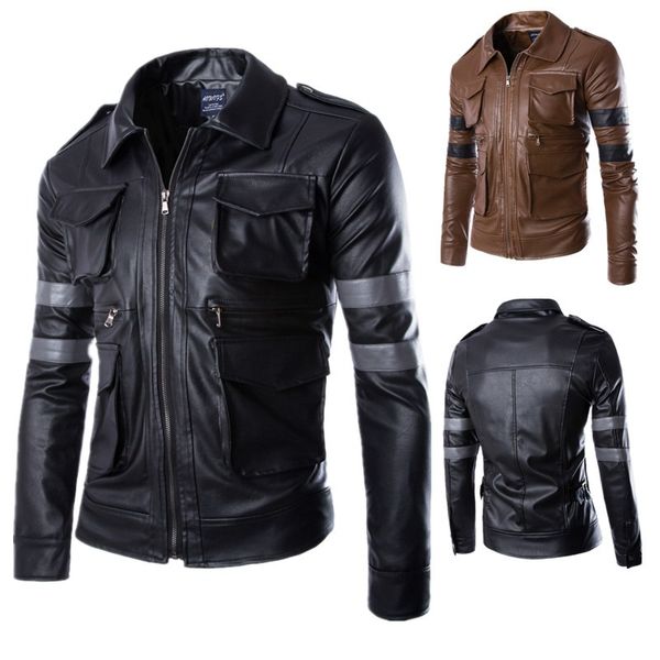 

men fitness faux leather pockets moto biker jacket leather coat outerwear, Black;brown