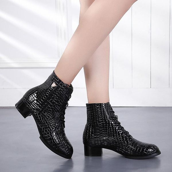 

boots plus size women's luxury fashion thick heel stage sailor dance shoes pointed toe patent leather ankle boot bota mujer, Black