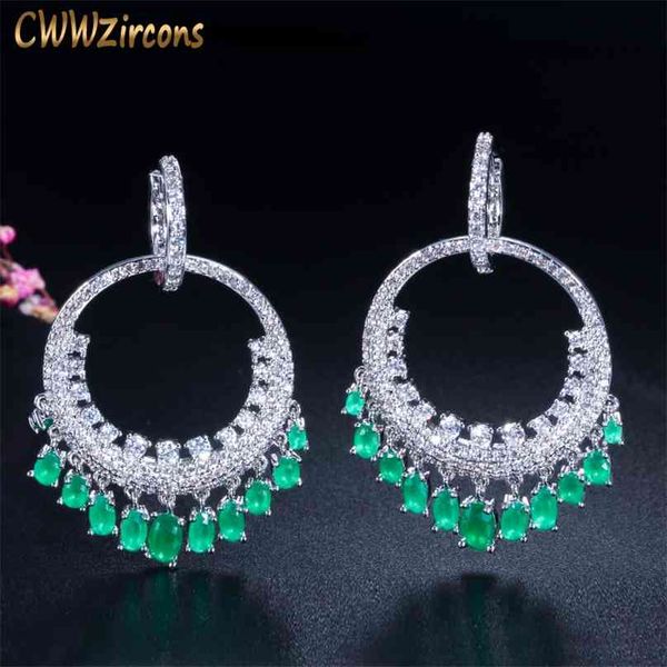 

cwwzircons fashion big round ethnic dangling long hoop earrings for women green clear cz wedding dress accessories cz143 210625, Golden;silver