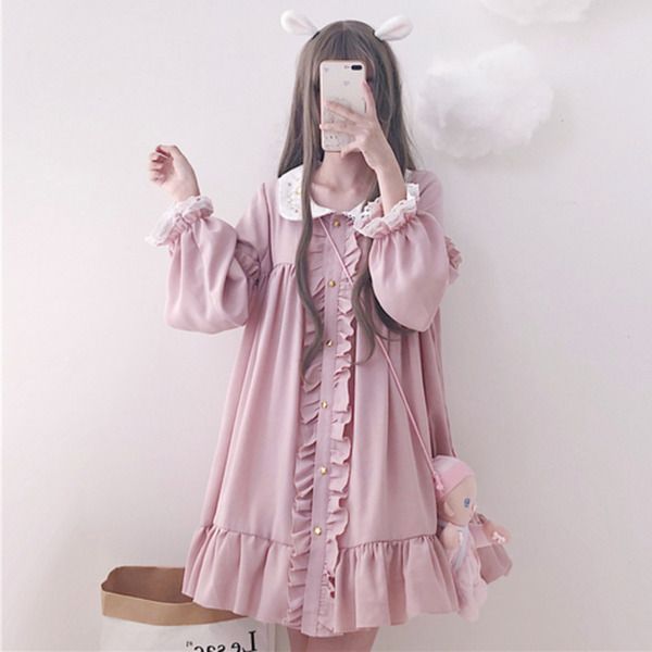 Woherb 2021 Summer Dress Donna Harajuku Pink Ladies Ruffle Lace Patch Kawaii Abiti Lolita Cosplay Sweet Loose Abiti 21092 C0304