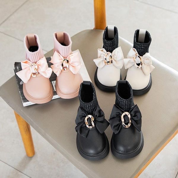 

boots children ankle ribbon bowknot metal decoration sweet girl' leather shoes fashion winter warm 21-30 toddler kids, Black;grey