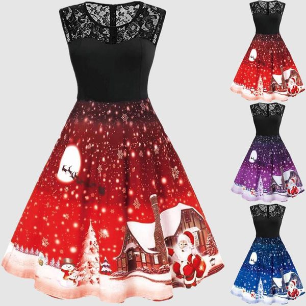 

casual dresses womens vintage merry christmas print housewife evening party sleeveless dress festival gift vestidos plus size qe, Black;gray