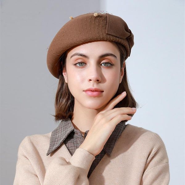 

berets japanese solid color wool gauze beret women's autumn and winter style warm retro felt hat trendy, Blue;gray