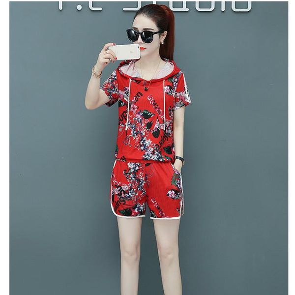 

women's tracksuits casual suit 2021 summer fashion slim hooded printed shirt loose shorts temperament wild elegant two-piece, Gray