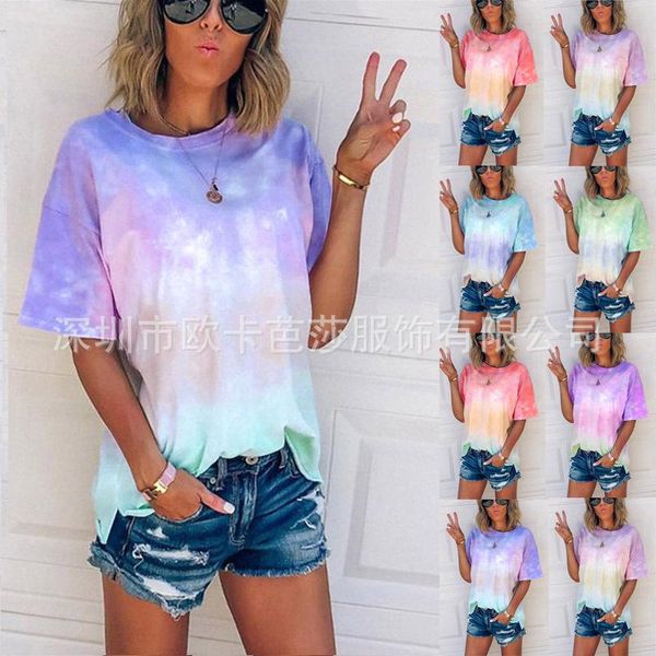 

women's t-shirt 2021 summer tie dye gradient printing loose top, White