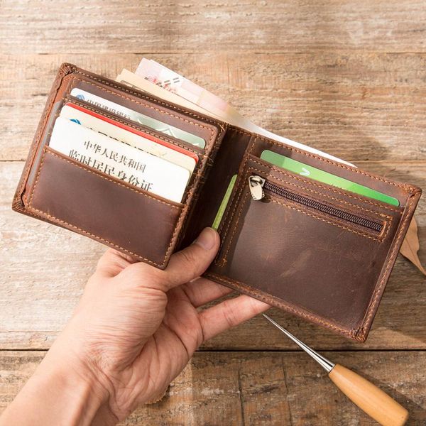 

wallets leather short wallet men card holder zipper horizontal coin purse mini retro handmade original men's crazy horse, Red;black