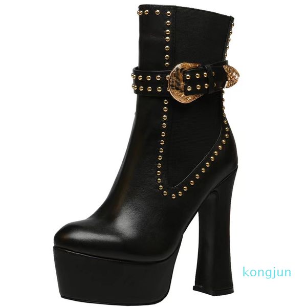 

designer- women ankle boots autumn winter fashion cowskin ladies shoes genuine leather button high heel boot 14cm heels womens booties, Black