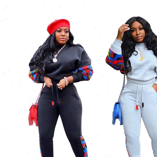 

new winter women tracksuit o neck long sleeve patchwork print suit casual fashion two piece suit fitness outfits y5144, Gray