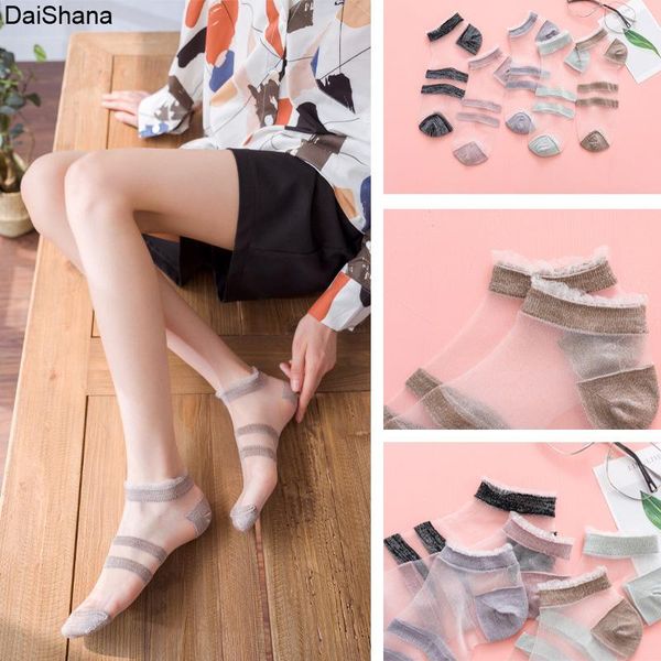 

socks & hosiery 5pairs women summer female thin short sock transparent cute girls lace invisible striped breathable ankle 35-40, Black;white
