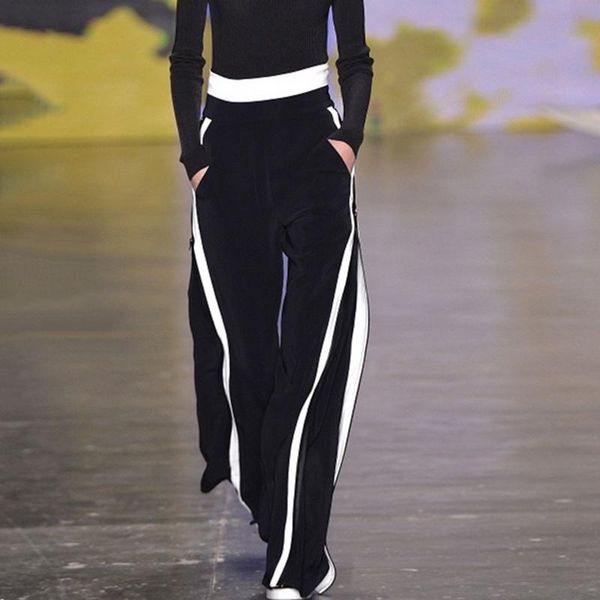 

palazzo pants sale spandex vadim women's pants 2021 new side stripes casual wide-leg trousers high waist slack loose large size, Black;white