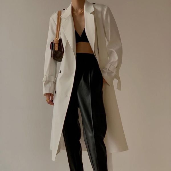 

women's trench coats autumn and winter windbreaker casual solid color double-breasted belt decoration long, Tan;black