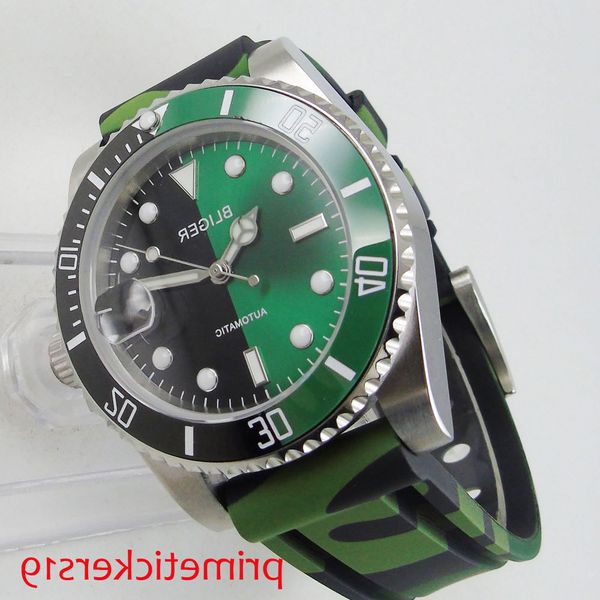 

bliger 40mm black green dial sapphire glass date ceramic bezel automatic movement mens watch, Slivery;brown