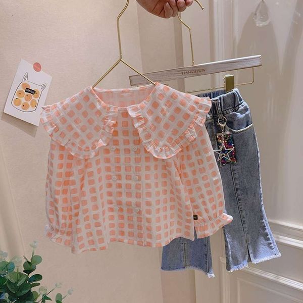 

spring girls' 2021 dress new korean plaid doll collar long sleeve shirt children's t-shirt, Blue