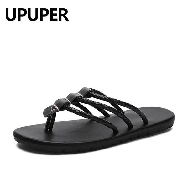 

slippers summer genuine leather men's beach shoes men flip flops 2021 flat plus size fashion casual shoe, Black