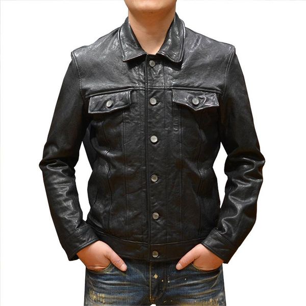 

men's leather & faux men genuine jackets single breasted male spring autumn vintage thick sheepskin coat 2021, Black