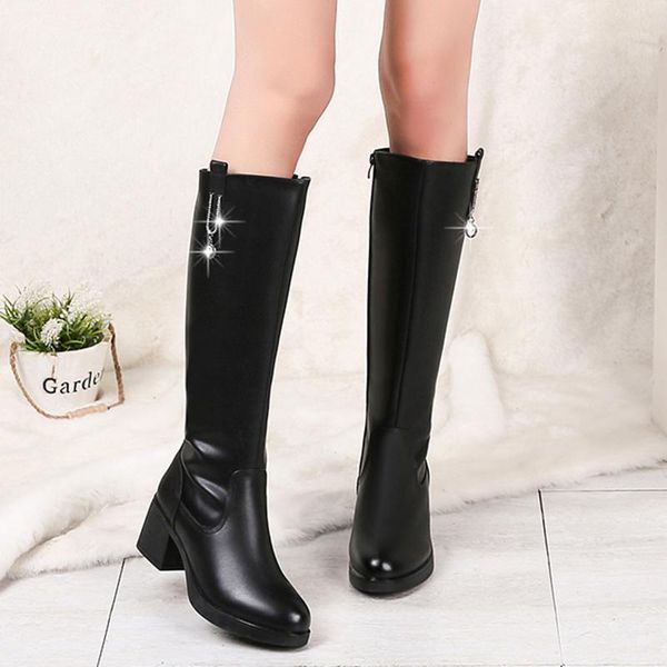 

boots lucyever women's warm short plush winter high pu leather thick heels knee long woman plus size waterproof shoes1, Black