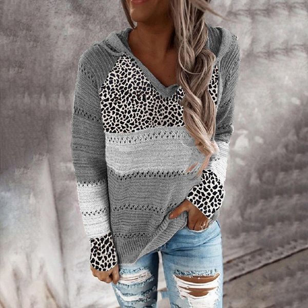 

women patchwork hooded lady winter sweater v neck leopard knitted female autumn long sleeve pullovers, White;black