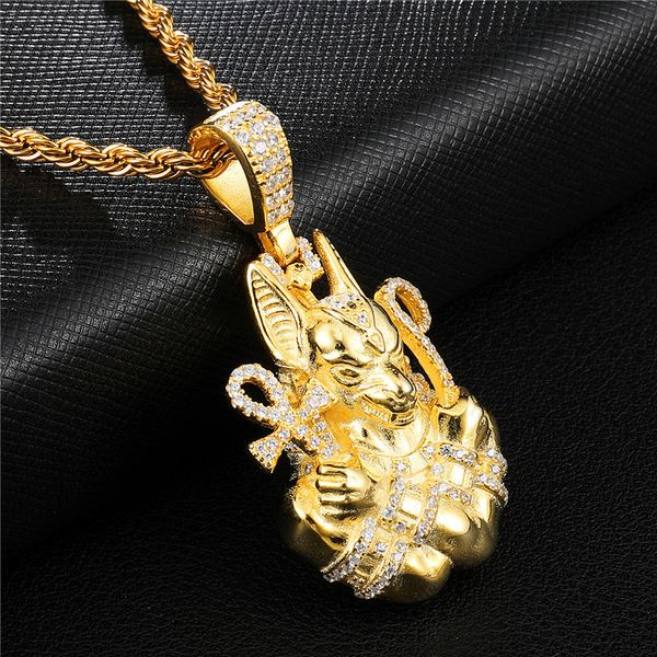 

iced out egyptian anubis necklace new arrival zircon pendant charm gold chain hip hop jewelry for men gifts, Silver