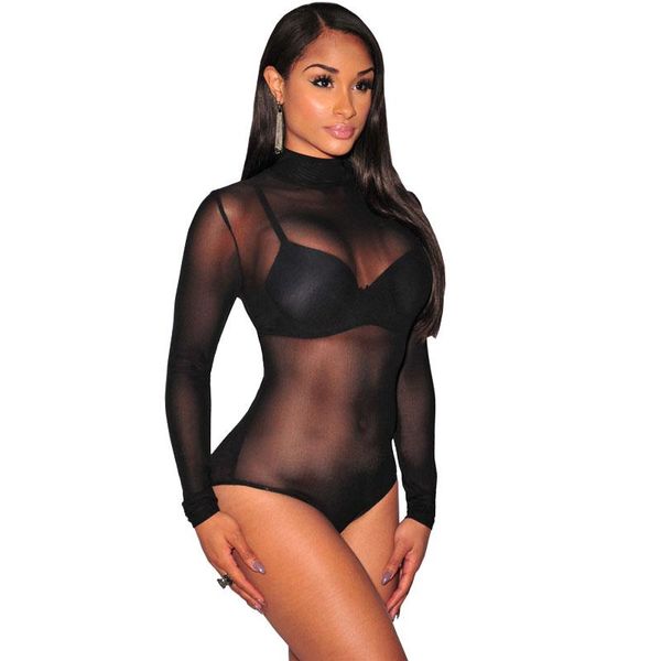 

women's jumpsuits & rompers arrival 2021 vintage high neck women bodysuit mesh bodycon jumpsuit long sleeve short overalls female s2345, Black;white