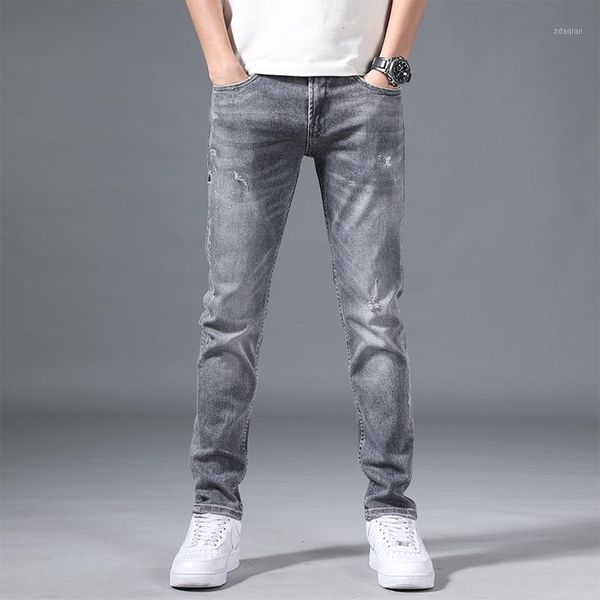 

four seasons black hole jokers patch slim feet straight leg jeans male korean fashion trendy brand denim trousers men's, Blue