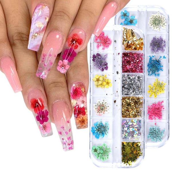 

nail art decorations 12 grid mix dried flowers sequins natural floral leaf stickers 3d designs polish manicure accessories, Silver;gold