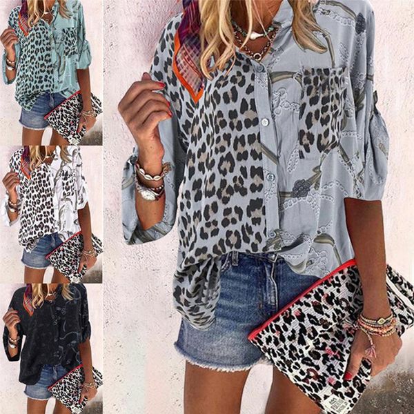 

women's blouses & shirts oversize leopard patchwork sping autumn blouse long sleeve loose femme street plus size, White