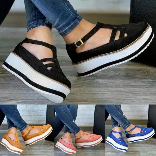 

dress shoes for women soft breathable wedges round toe buckle strap pumps casual single zapatos de mujer 2021, Black