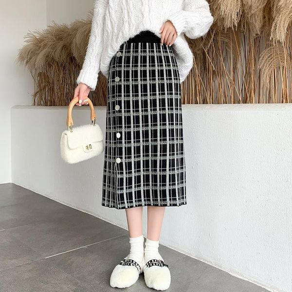 

plaid knitted skirt for fall/winter new style high waist padded hip skirt mid-length one step, Black