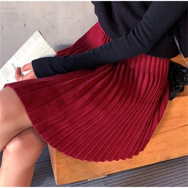 

plus size m-5xl spring new women's pleated skirt preppy style high waist solid fashion knitting warm skirts b9d601s 210311, Black