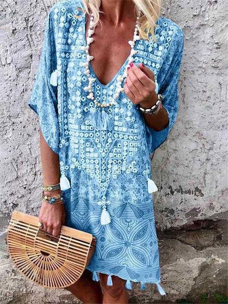

women's swimwear beach women swimsuit cover up tassel design bathing suit cover-ups tunics beachwear boho style v-neck print fringed dr, White;black