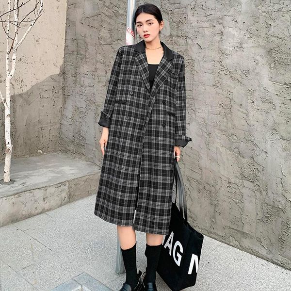 

women's trench coats superaen retro patchwork plaid windbreaker jacket autumn 2021 waist slimming double breasted casual women, Tan;black