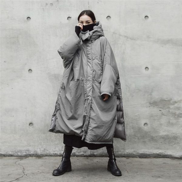 

oversize hooded cotton-padded gray long warm coat long sleeve loose fit women parkas fashion autumn winter gothic style overcoat, Black