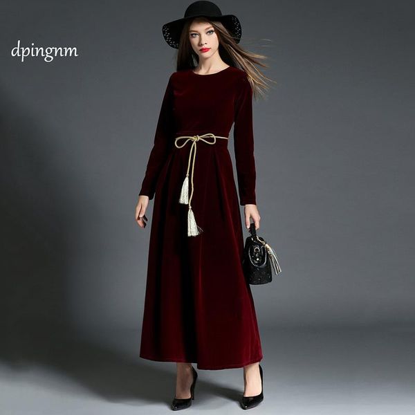 

casual dresses 2021autumn vintage soild sleeve a-line dress women elegant o-neck long pocket sashes knee-length, Black;gray