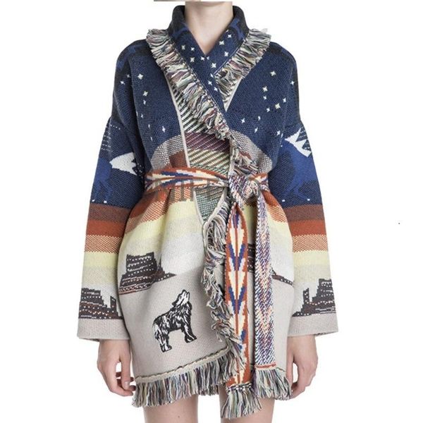 

women's knits & tees autumn and winter knitted cardigan coat print embroidery stitching tassel wool lace up sweater fashion, White