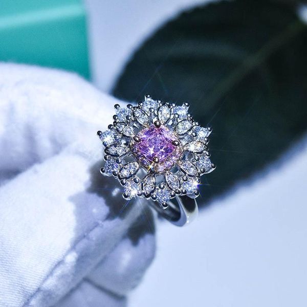 

wedding rings luxury shine pink color austrian crystal snowflower cherry blossom jewelry ring for women engagement gifts, Slivery;golden