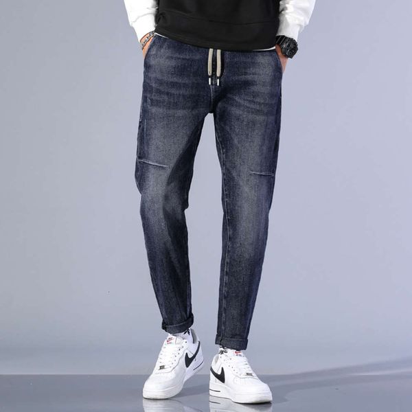 

brand jeans autumn korean fashion slim fit elastic lace up casual harlan small foot long pants men's, Blue