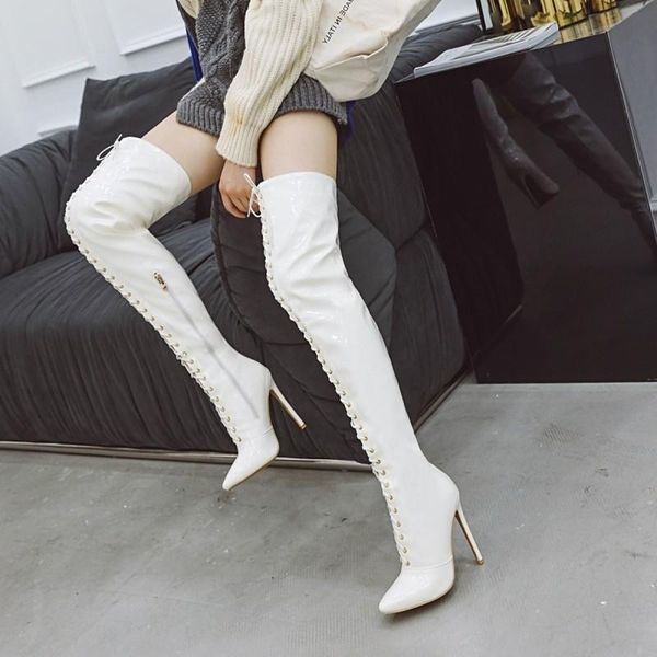 

boots autumn pointed slim heel women's shoes high fashion lace up, Black