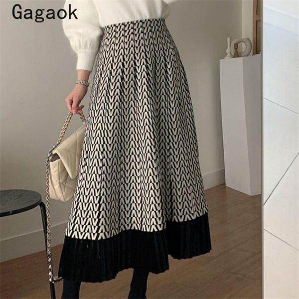 

gagaok woman skirts vintage spring autumn new elegant empire a-line print mid-calf clothes loose korean chic fashion skirts 210315, Black